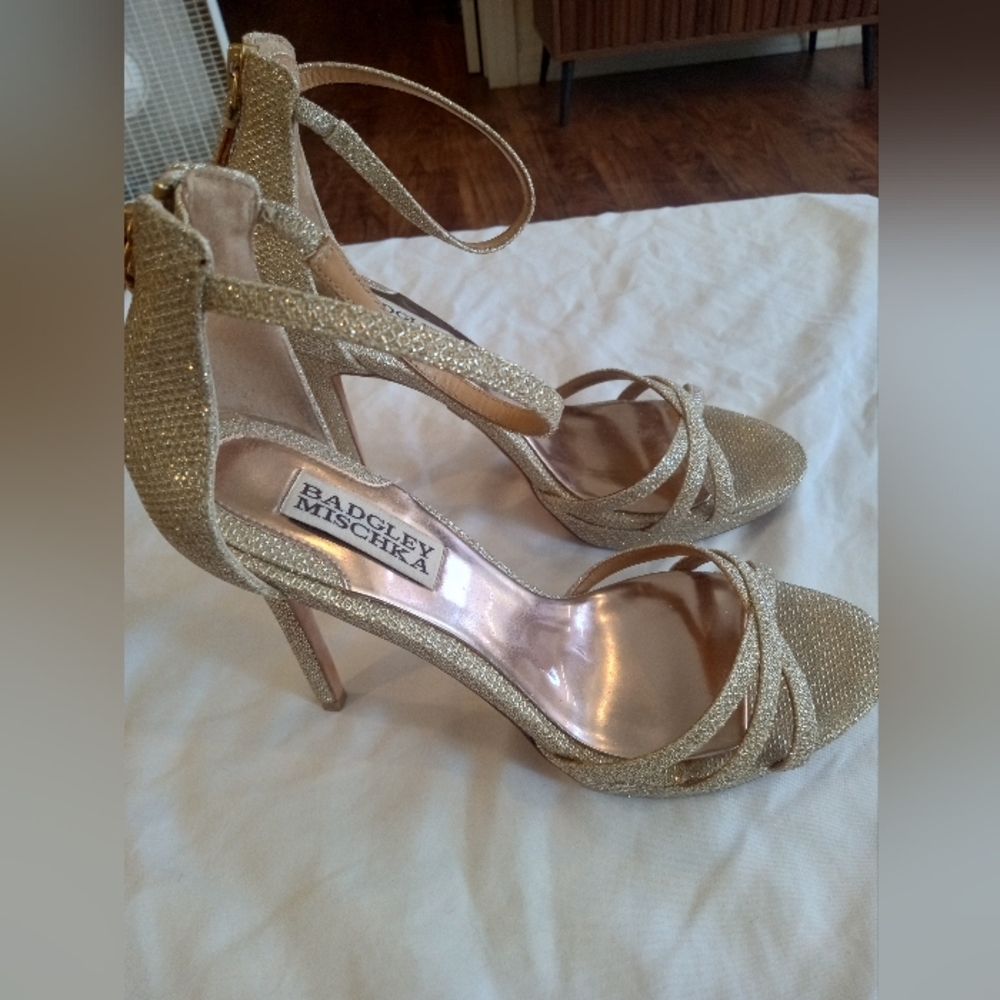 Badgley Mischka Glittery Gold Crisscross Ankle-Strap Heels - Picture 2 of 5